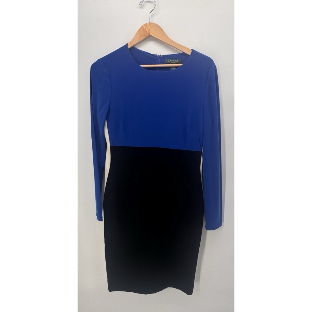 Vintage Lauren Ralph Lauren Dress 4 Blue White black Long Sleeve color block 90s